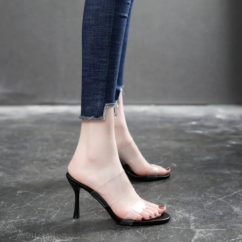 Double Clear Strap High Heel Mules