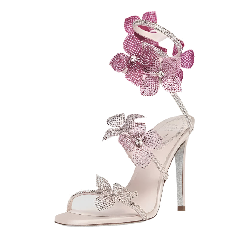 Crystal Flower Ankle Wrap Stiletto High Heel Sandals