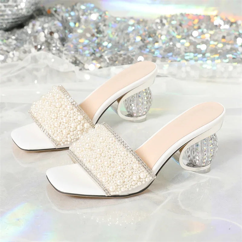Pearl Embellished Sphere Heel Slip On Mules
