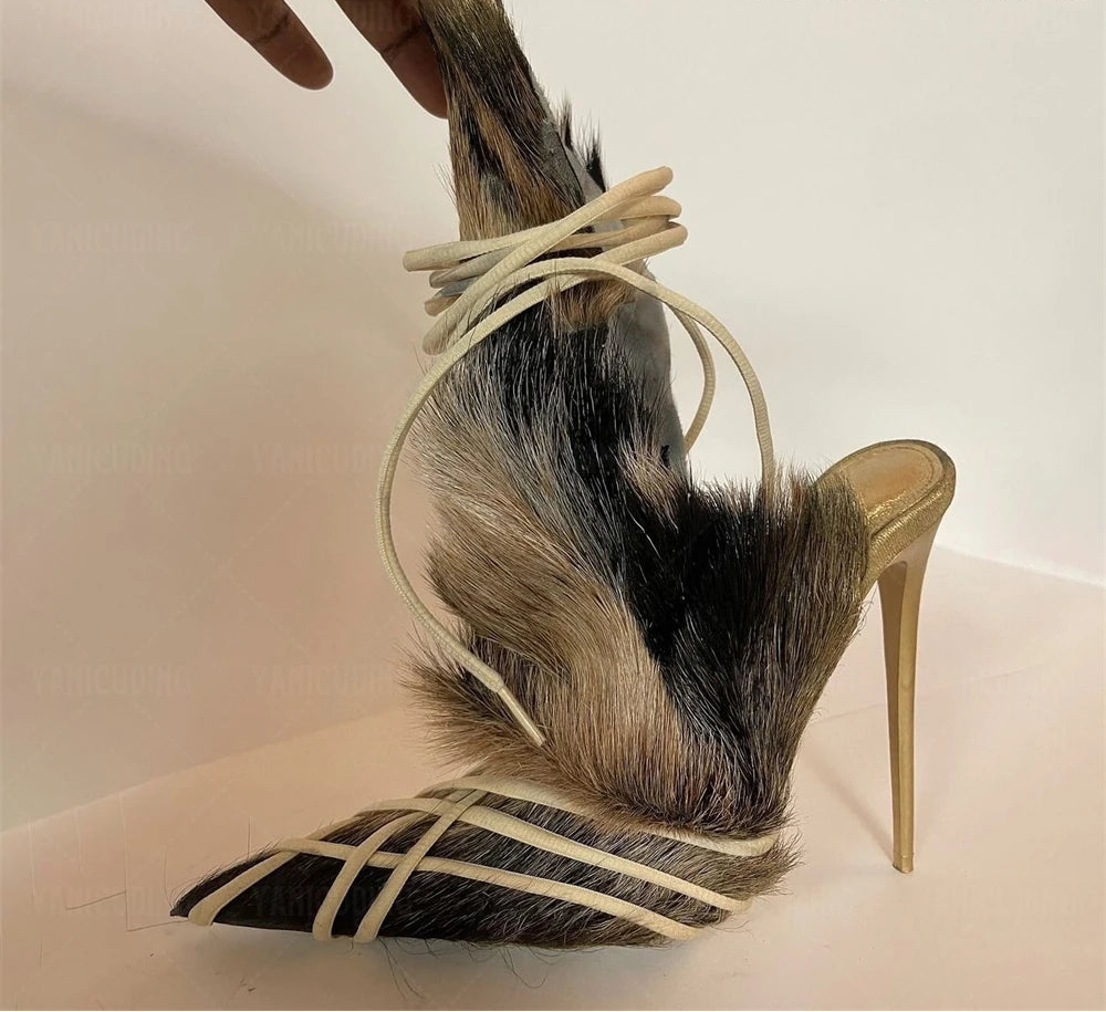 Fur Wrap Mules High Heel Stiletto Sandals
