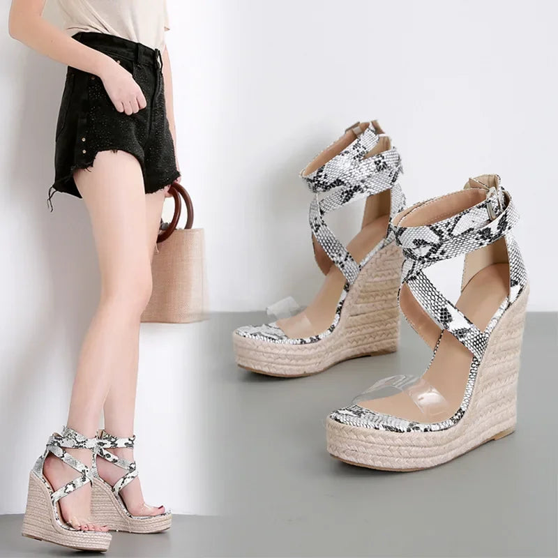 Snake Print Strap Wedge Heels