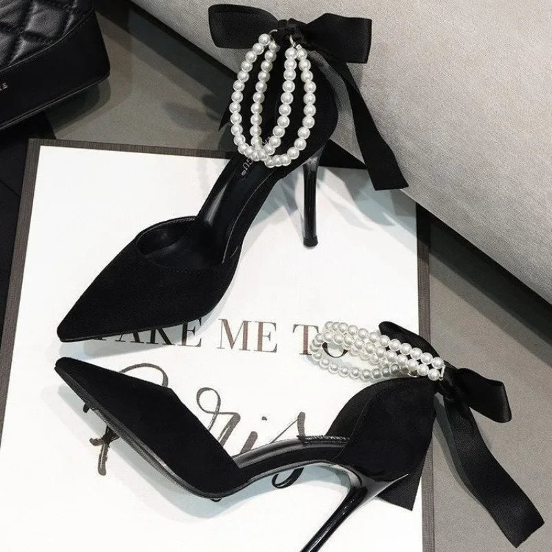 Black Bow With Pearls Wedding Pumps