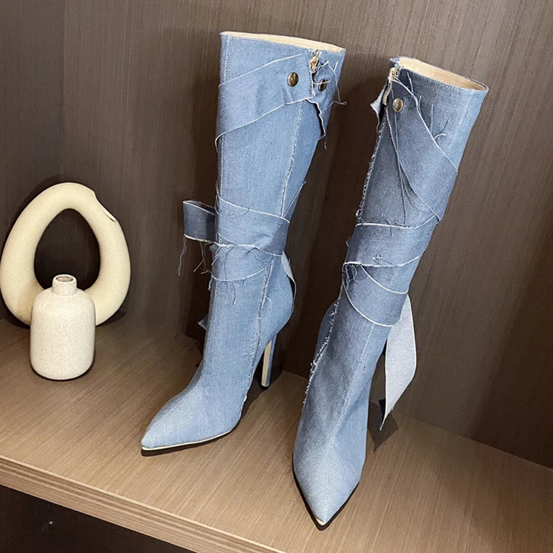 Blue Denim Butterfly Knot Boots