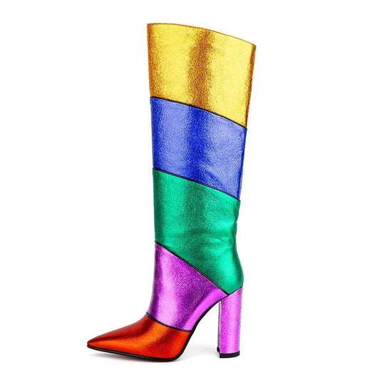 Rainbow Metallic Block Heel Boots