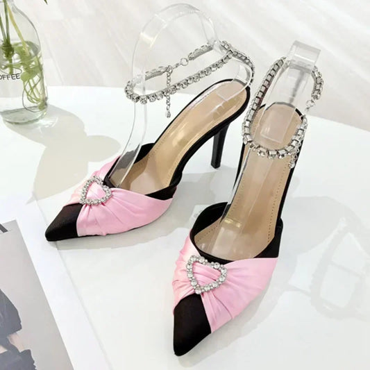 Heart Embellished Crystal Strap High Heel Pumps