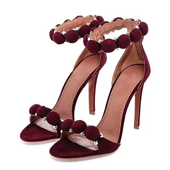 Pom-Pom Stiletto High Heel Sandals