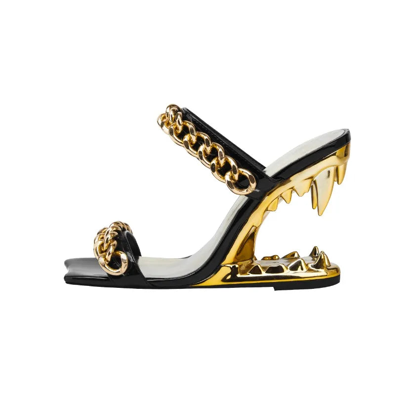 Gold Tiger Teeth High Heel Mule Sandals