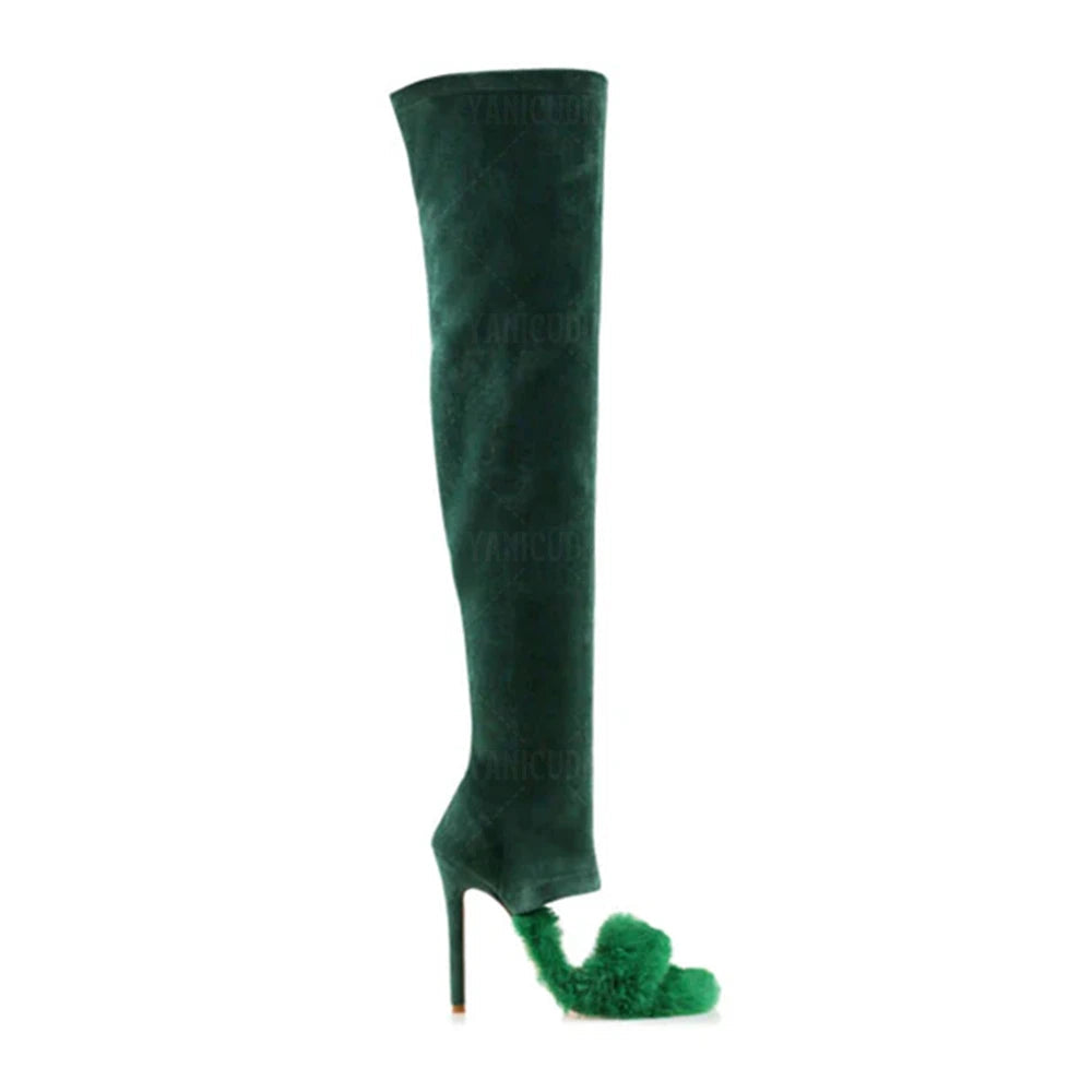 Suede x Fur Over The Knee Stiletto Boots