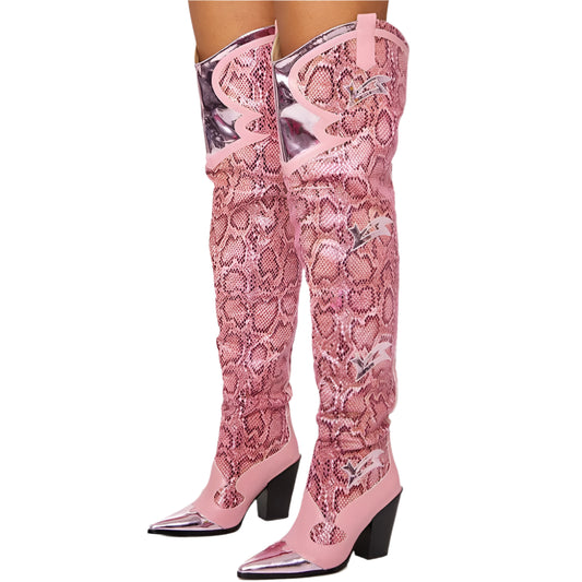 Pink Snake Print Over The Knee Boots