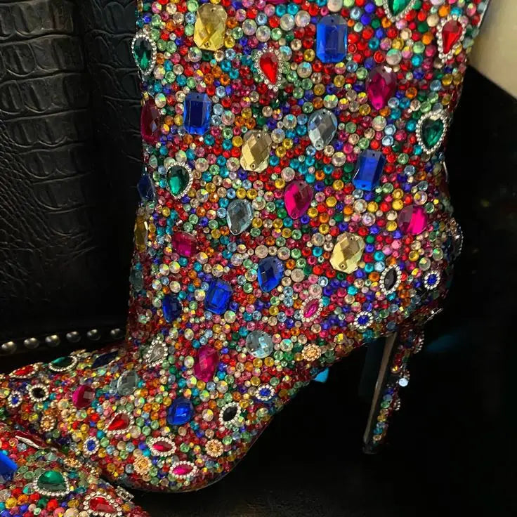 Multi-Color Rhinestone Covered High Heel Ankle Boots