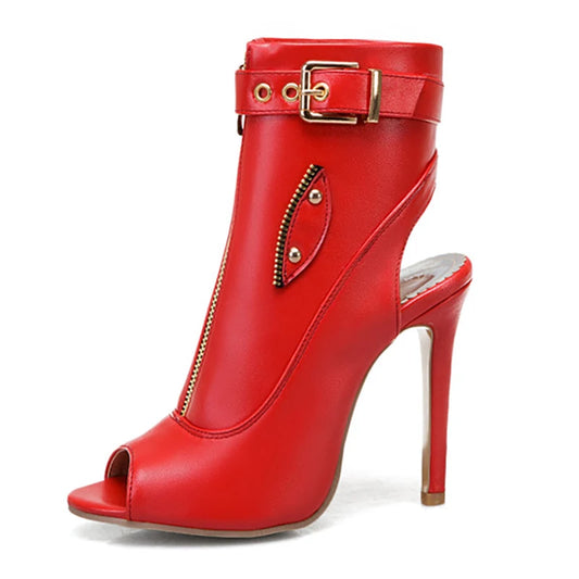 Buckle Front Zipper High Heel Ankle Boots