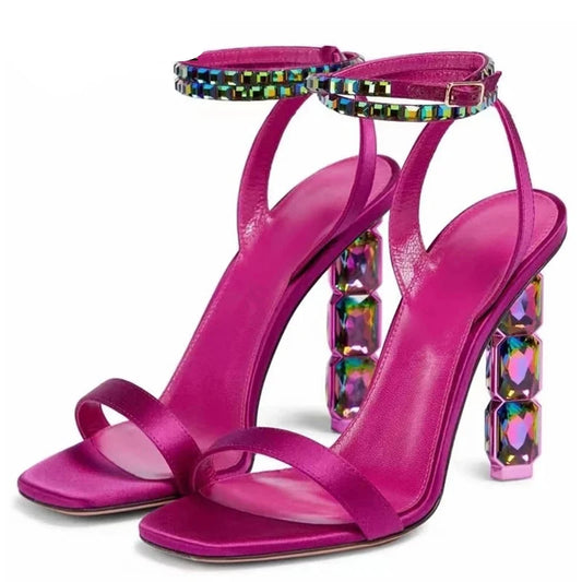 Stacked Rhinestone Crystal Embellished High Heel Sandals