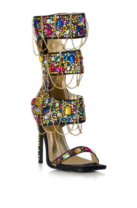 Multi-Cuff Embellished Gold Chain Stiletto Sandals