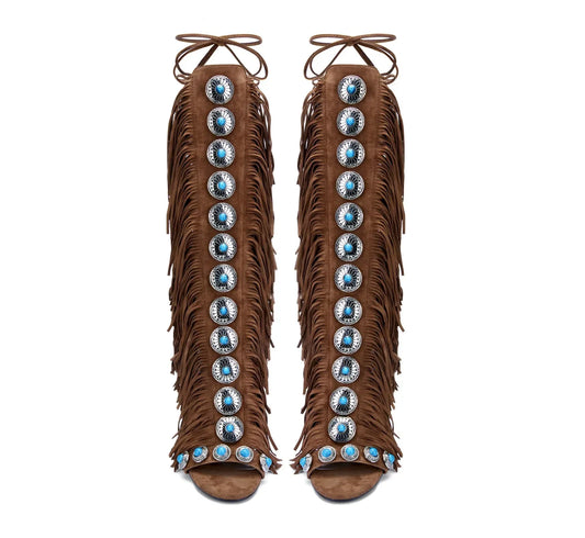 Roman Fringe Gladiator Knee Length High Heel Sandals