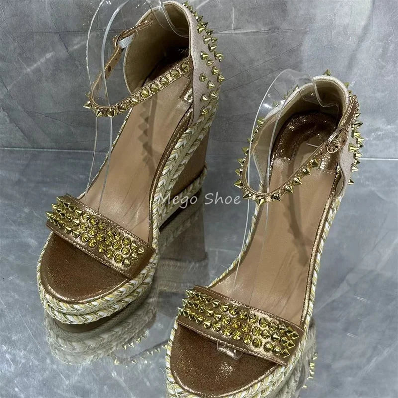 Tweed Rivet Wedge High Heel Sandals