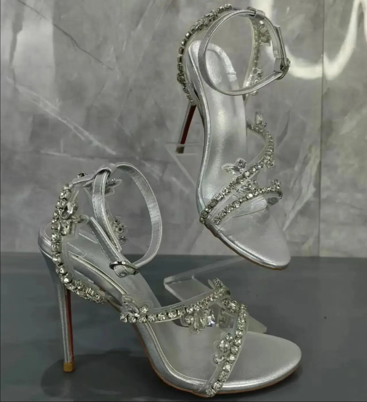 Crystal Silver Ankle Strap Stiletto Sandals Inspired By Christian Louboutin