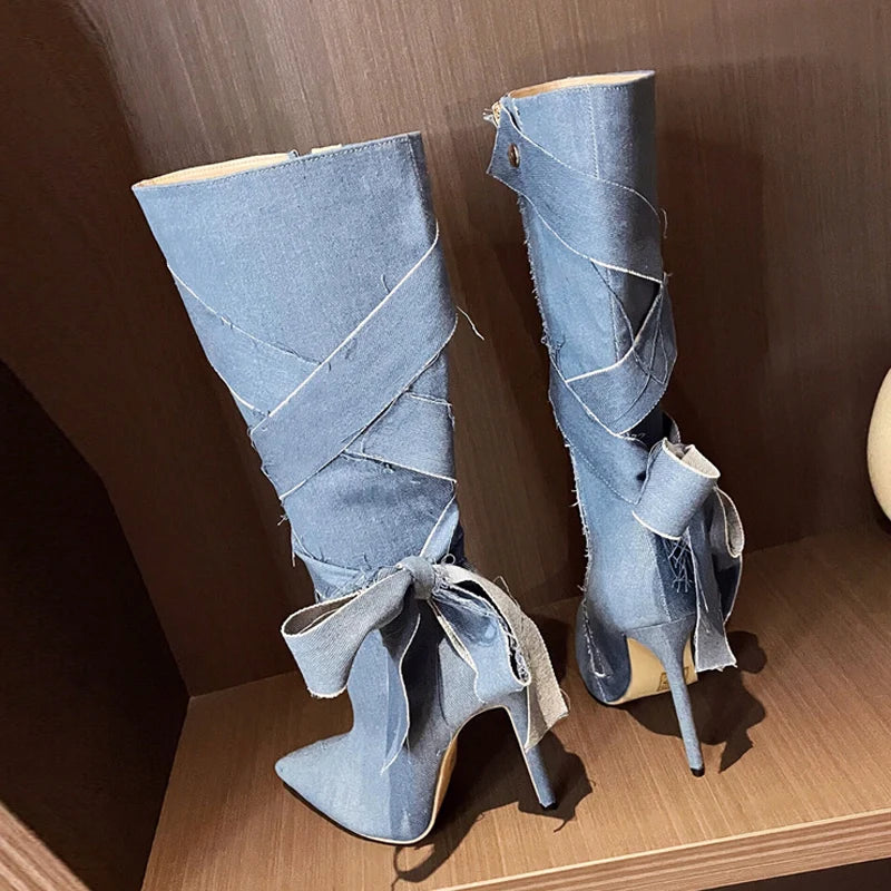 Blue Denim Butterfly Knot Boots