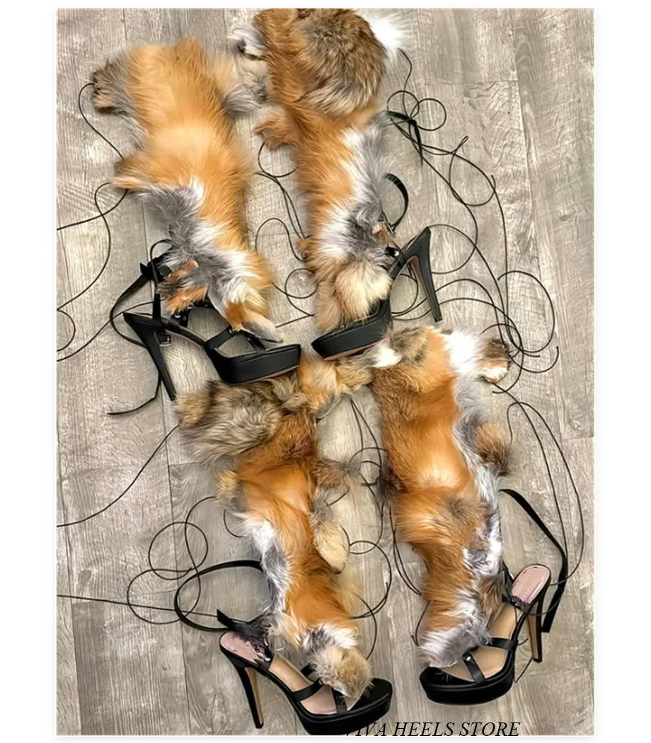 Trimmed Fur Lace-Up Gladiator Stiletto Sandals