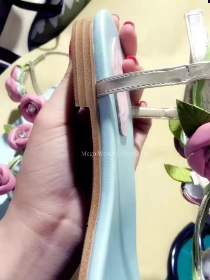 Pink Floral Strap Flat Sandals