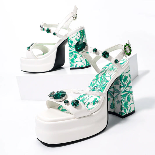 Platform Rhinestone "Majolica" Print High Heel Sandals Inspired Dolce&Gabbana