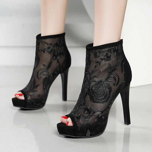 Rose Printed Mesh High Heel Zipper Sandals