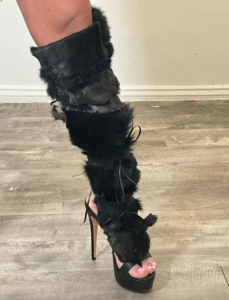 Trimmed Fur Lace-Up Gladiator Stiletto Sandals