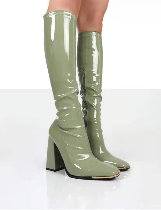 Glossy Tube Knee High Block Heel Boots