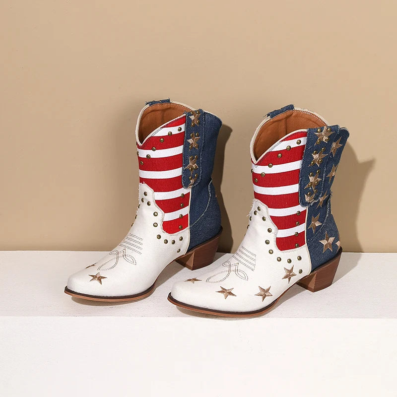 Western Cowboy USA Flag High Heel Ankle Boots