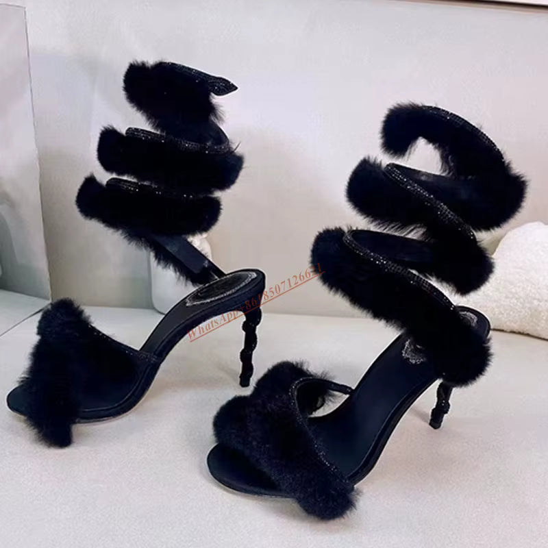 Fuzzy Wrap Up High Heel Sandals