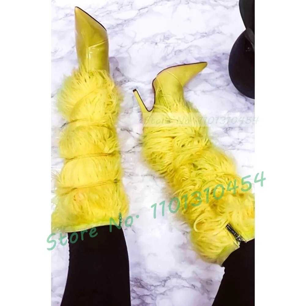 Yellow Curly Fur Knee-high Boots