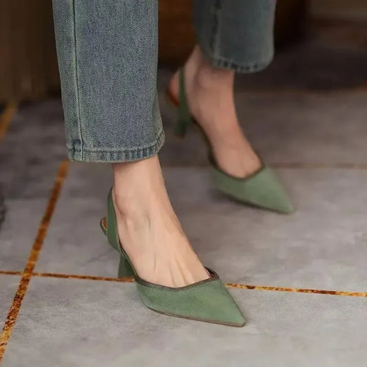 Olive And Black Slingback Kitten Heel Pumps