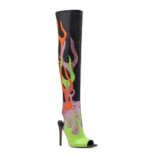 Flame Knee High Stiletto Boots