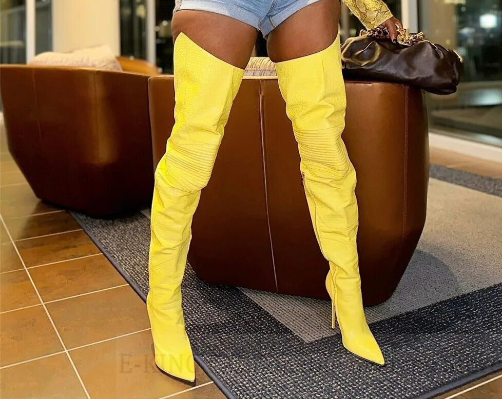 Yellow Snakeskin Print Leather Over The Knee Boots