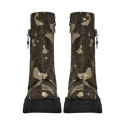 Lock Detail Rhinestone Platform Boots