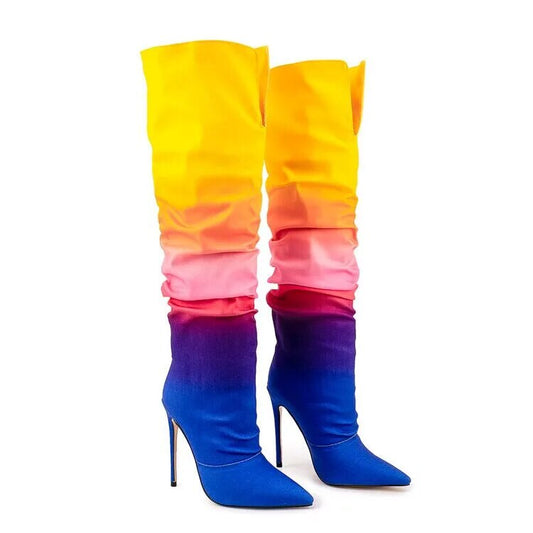 Rainbow Gradient Knee Length High Heel Boots Inspired By Giuseppe Zanotti