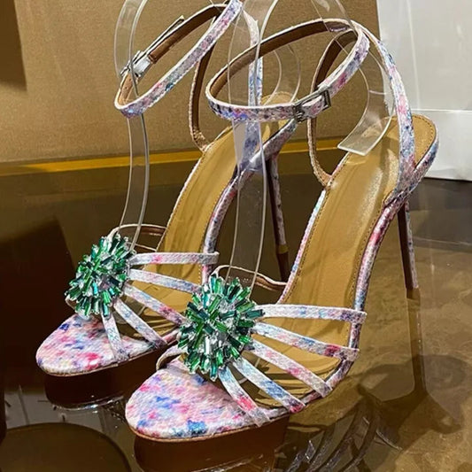 "Stardust" Multicolor Rhinestone Flower High Heel Sandals Inspired By Aquazzura