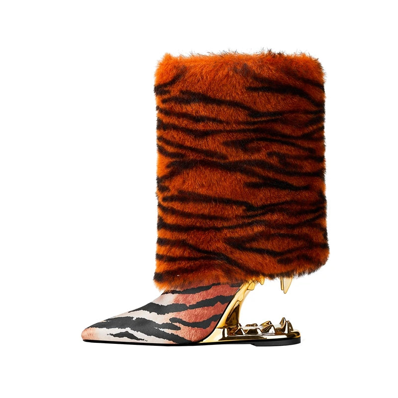 Tiger Print Fang High Heel Ankle Boots