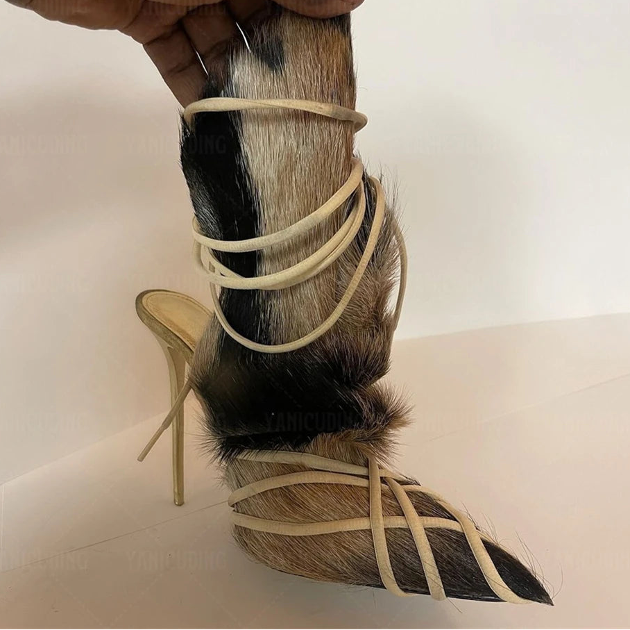 Fur Wrap Mules High Heel Stiletto Sandals