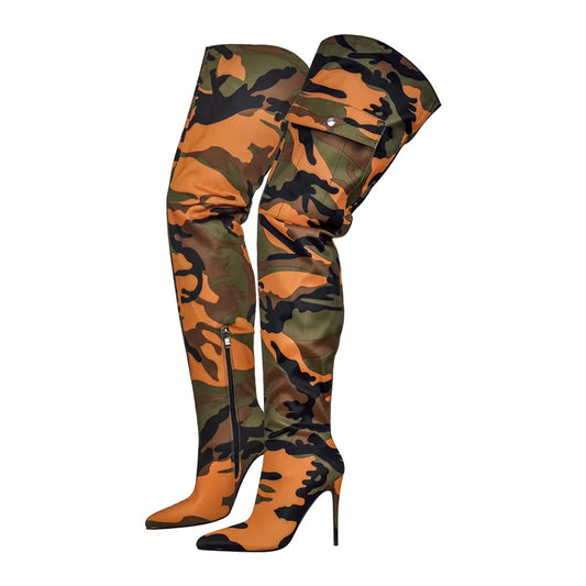 Knee High Camouflage Pocket Detail High Heel Boots