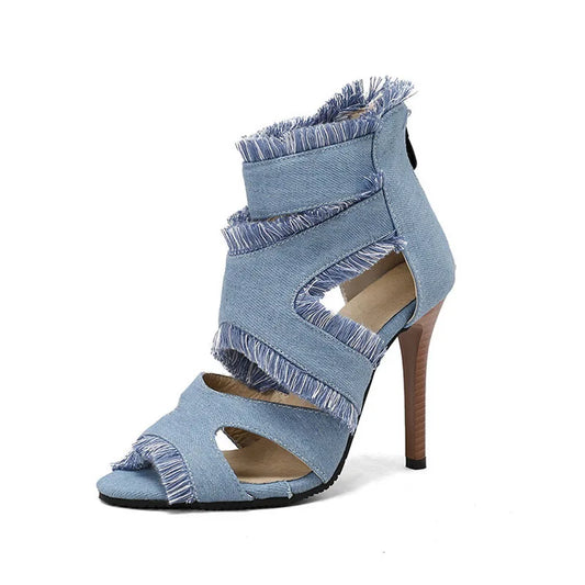 Fringe Cross Strap Jean High Heel Sandals