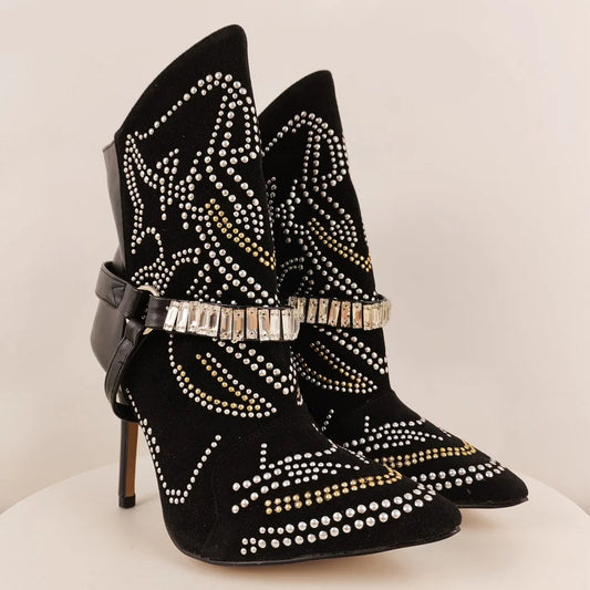 Rhinestone Black Stiletto Ankle Boots Inspired By Isabel Marant