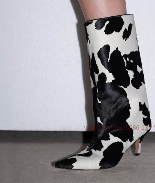 Cow Print Kitten Heel  Boots