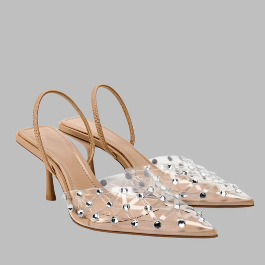 Transparent Diamond Kitten Heel Sling Back Pumps