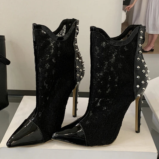 Rivet and Mesh Stiletto High Heel Ankle Boots