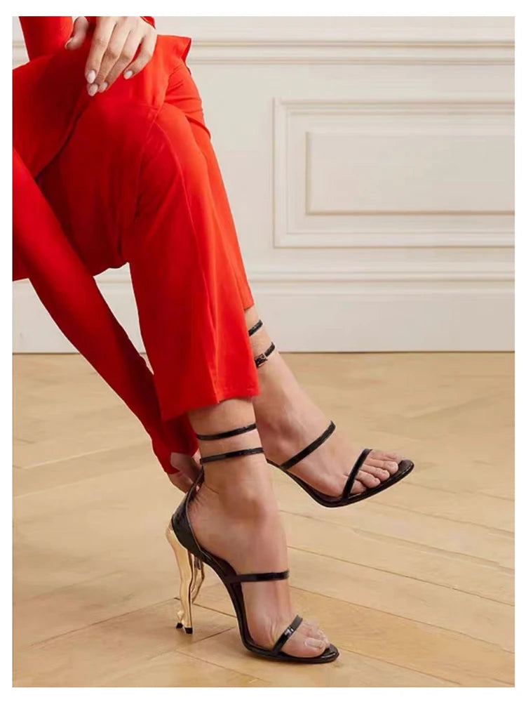 Double Strap Gold Leg Shaped High Heel Sandals