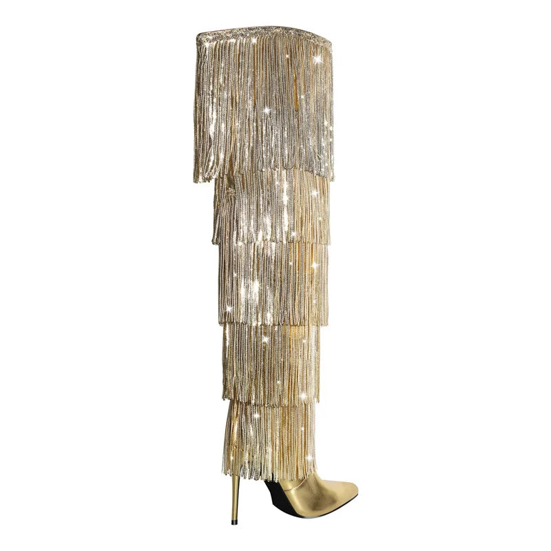 Metallic Fringe Over The Knee Boots