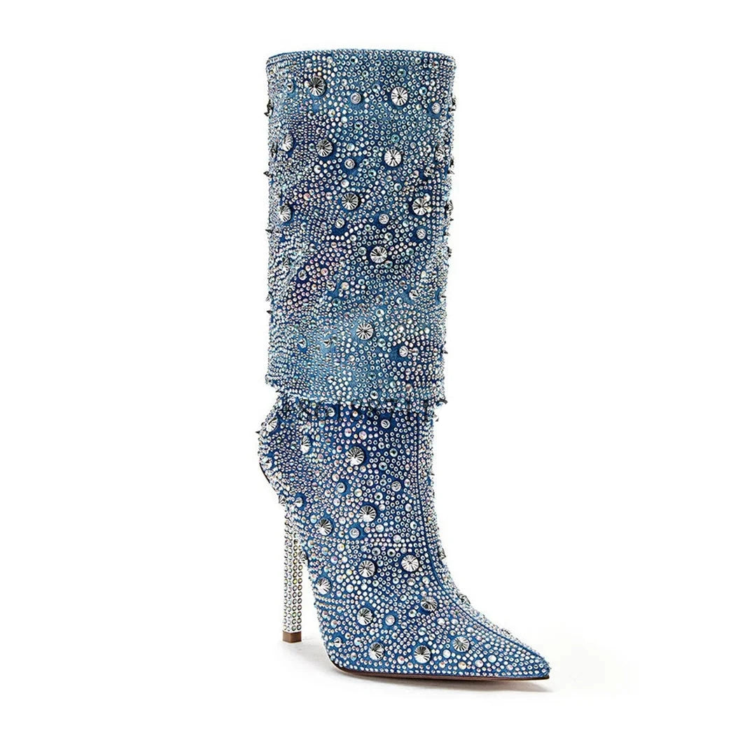 Denim Rhinestone Boots Inspired by Azaela Wang