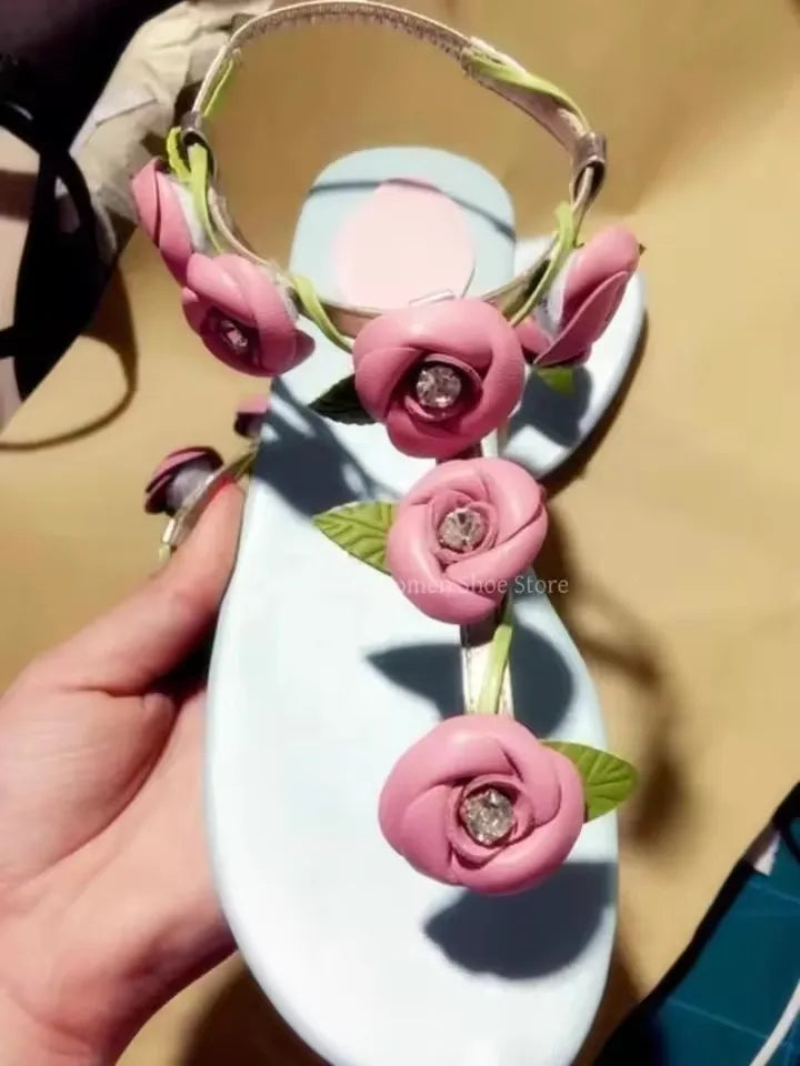 Pink Floral Strap Flat Sandals