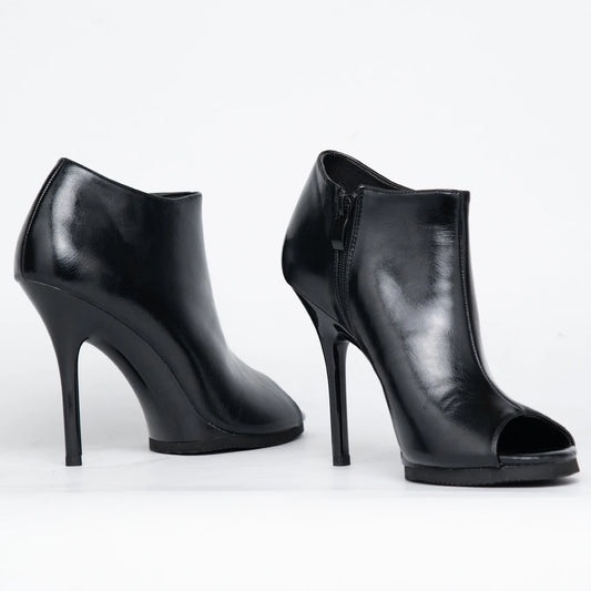 Black Peep-Toe High Heel Ankle Boots