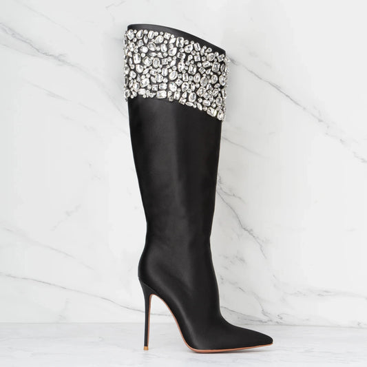 Diamond Black Knee High Boots